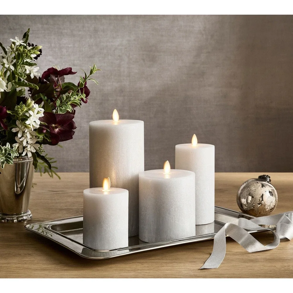 Pottery Barn Set of 4 Flameless LED Pillar Candles Grey Ombre Dove 3x6 4x4.5 NEW